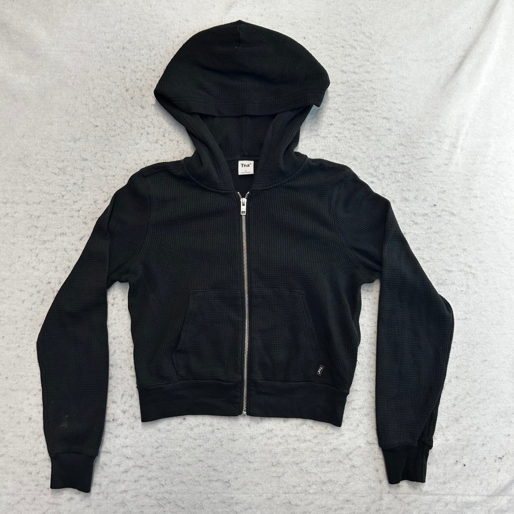Tna Waffle Knit Zip Up Hoodie Womens Size S Black Thermal Cropped